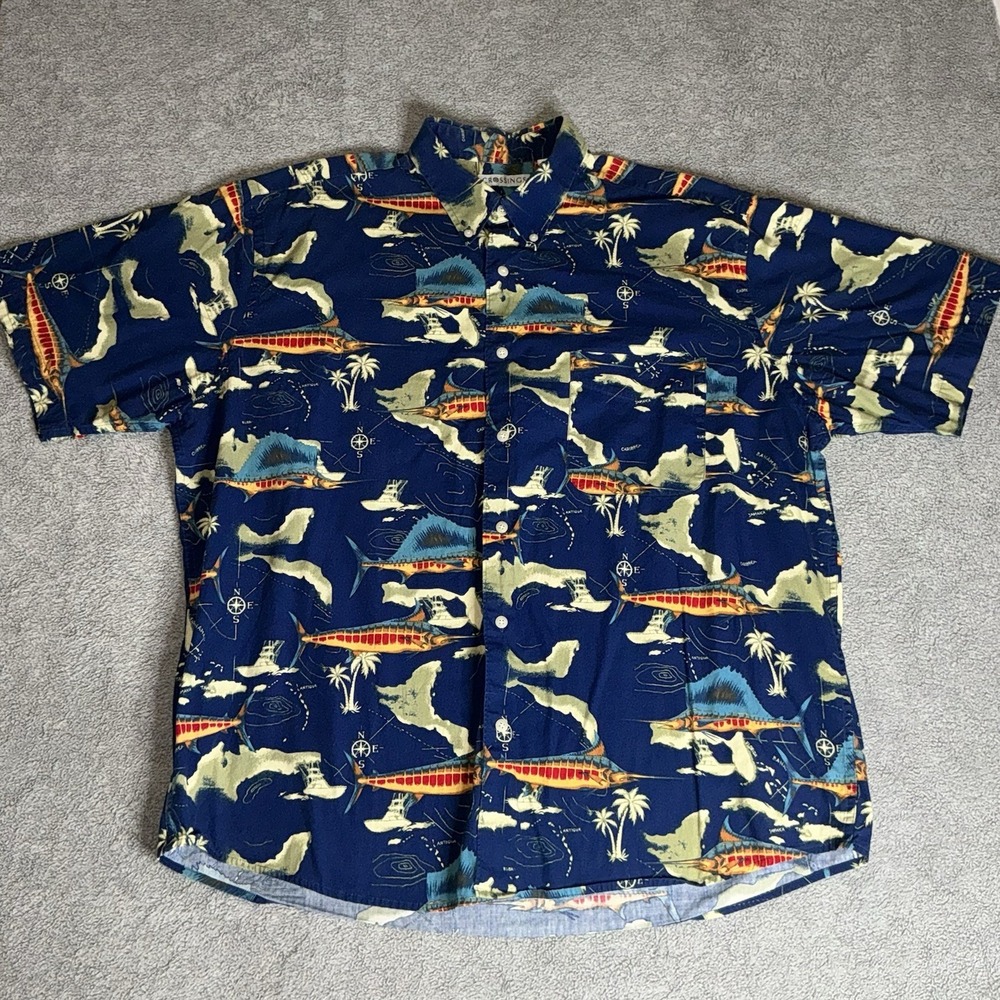Vintage‎ Crossings Hawaiian Mens Shirt XL Short Sleeve Marlin Ocean Fishing